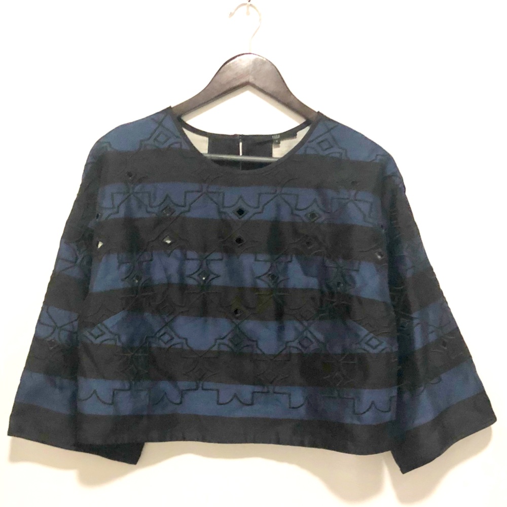 Tibi black and blue striped embroidered top